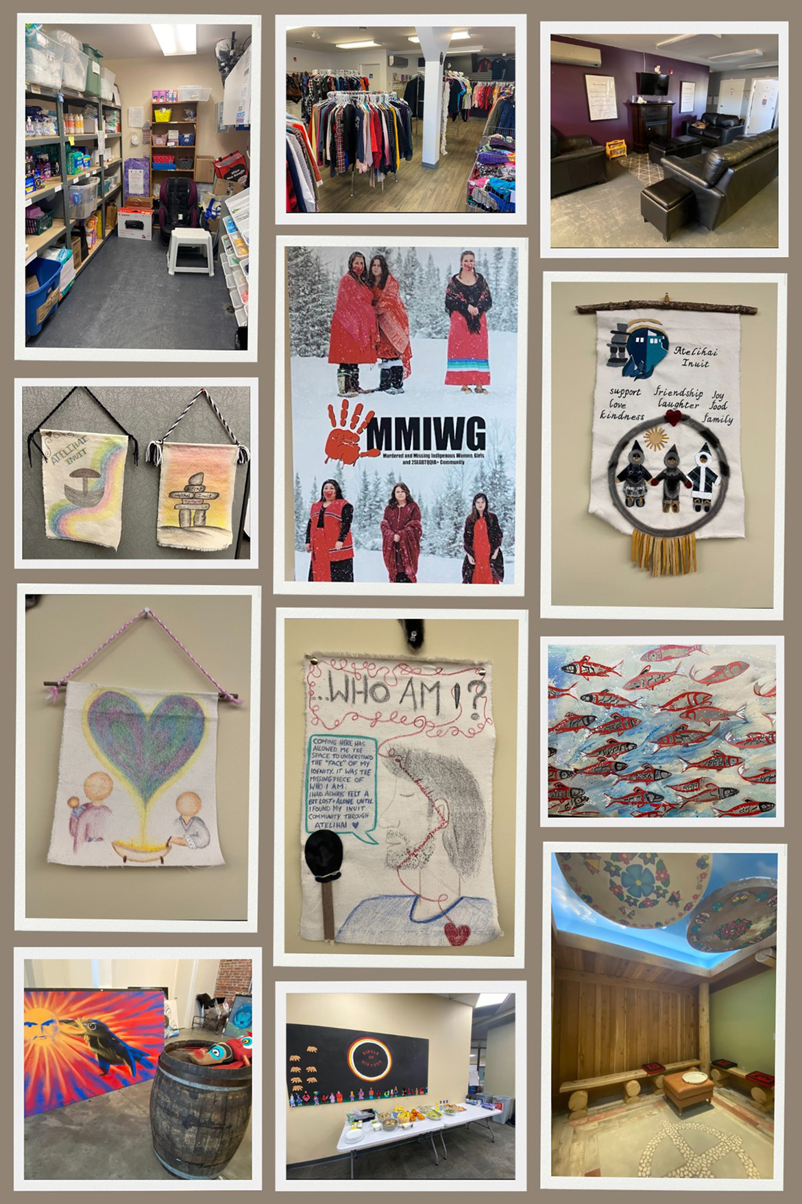 Un collage de photos représentant des œuvres d'art, la cérémonie, les espaces communautaires, les espaces extérieurs, les activités du programme et d'autres supports visuels