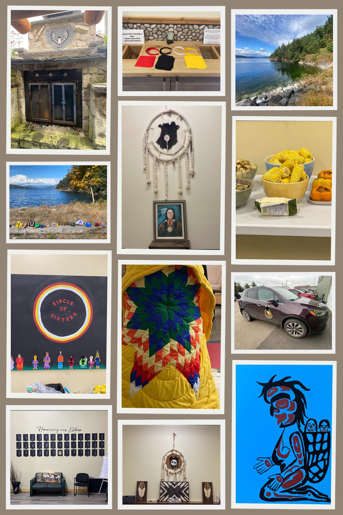 A media collage of photos depicting artwork, ceremony, community spaces, outdoor spaces, program activities, and other visual media