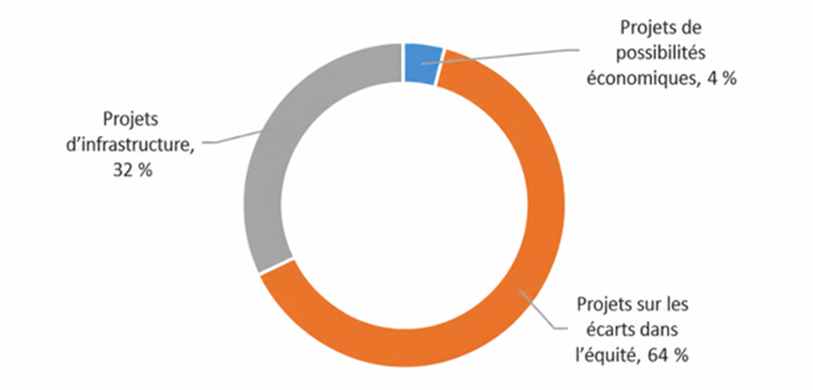 Diagramme en anneau montrant 64 % de projets liés à l’équité, 32 % à l’infrastructure et 4 % aux possibilités économiques.